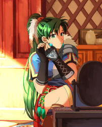 Rule 34 | 1girl, armor, asymmetrical bangs, blue dress, boots, donta30303, dress, earrings, feet out of frame, fingerless gloves, fire emblem, fire emblem: the blazing blade, fur, gloves, green eyes, green hair, hair ornament, hands up, high ponytail, jewelry, long hair, lyn (fire emblem), nintendo, ponytail, putting on jewelry, shadow, short sleeves, shoulder armor, side slit, sitting, solo, sunlight, undershirt