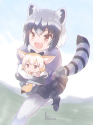 Rule 34 | &gt;:d, 10s, 2girls, :3, :d, aged down, animal ears, artist name, black hair, blonde hair, brown eyes, carrying, chibi, common raccoon (kemono friends), fang, fennec (kemono friends), fox ears, fox tail, gale kawaii, grey hair, hug, kemono friends, mini person, minigirl, multicolored hair, multiple girls, open mouth, pantyhose, raccoon ears, raccoon tail, running, smile, striped tail, tail, two-tone hair, v-shaped eyebrows