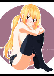 Rule 34 | 1girl, armpits, black panties, blonde hair, blush, body blush, breasts, brown eyes, collarbone, eyelashes, fairy tail, feet, female focus, fingernails, from side, full body, gaston18, hair ornament, happy, highres, hugging own legs, knees to chest, knees up, large breasts, legs, lingerie, long hair, looking at viewer, lucy heartfilia, neck, no bra, no shoes, panties, panties only, sideboob, sitting, smile, socks, solo, thighhighs, thighs, tiptoes, topless, twintails, underwear, underwear only