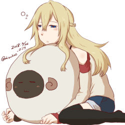 Rule 34 | 1girl, :3, alternate costume, bare shoulders, black thighhighs, blonde hair, blue eyes, blush, braid, casual, closed eyes, commentary request, dated, hair between eyes, kantai collection, long hair, long sleeves, samusio, sitting, sleepy, thighhighs, twitter username, warspite (kancolle), white background