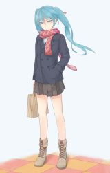 Rule 34 | 1girl, aqua eyes, aqua hair, bag, boots, checkered floor, coat, floor, full body, hand in pocket, hatsune miku, highres, long hair, plaid, plaid scarf, red scarf, scarf, simple background, solo, twintails, vocaloid