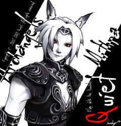 Rule 34 | 00s, 1girl, ark angel, ark angel mr, armor, breasts, cleavage, cleavage cutout, clothing cutout, evil smile, facepaint, facial mark, female focus, final fantasy, final fantasy xi, headband, mithra (ff11), monochrome, parted lips, red eyes, short hair, shoulder pads, small breasts, smile, solo, spot color, upper body