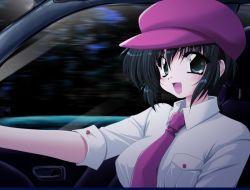 Rule 34 | 1girl, beret, black hair, blue eyes, car, car interior, daikokuya kyouko, downhill night, driving, game cg, hat, long hair, motor vehicle, necktie, vehicle