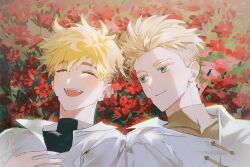 Rule 34 | 2boys, :d, ^ ^, black shirt, blonde hair, blue eyes, brothers, closed eyes, closed mouth, collared shirt, flower, grey shirt, highres, male focus, millions knives, mole, mole under eye, multiple boys, open mouth, red flower, shirt, short hair, siblings, smile, teeth, trigun, trigun stampede, upper teeth only, vash the stampede, white shirt, white som
