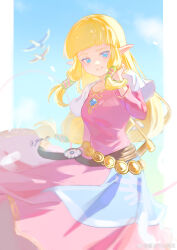 Rule 34 | 1girl, absurdres, bird, blonde hair, blue eyes, breasts, capelet, chinese commentary, commentary request, dress, highres, jewelry, long dress, long hair, low-tied long hair, low-tied sidelocks, medium breasts, nintendo, pink dress, pointy ears, princess zelda, revision, signature, solo, the legend of zelda, the legend of zelda: skyward sword, very long hair, weibo logo, weibo watermark, white capelet, yun (dl2n5c7kbh8ihcx)