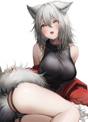Rule 34 | 1girl, absurdres, animal ears, arknights, bare shoulders, black shirt, breasts, hair between eyes, highres, jacket, large breasts, open mouth, projekt red (arknights), red jacket, shirt, short hair, simple background, sleeveless, sleeveless shirt, solo, tab head, tail, white background, wolf ears, wolf girl, wolf tail, yellow eyes