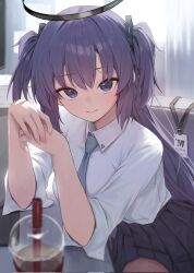 Rule 34 | 1girl, aqua necktie, black skirt, blue archive, blush, breasts, collared shirt, commentary, cup, disposable cup, gnns, halo, highres, indoors, lanyard, looking at viewer, medium breasts, necktie, own hands together, pleated skirt, purple eyes, purple hair, shirt, shirt tucked in, skirt, smile, solo, two side up, white shirt, yuuka (blue archive)