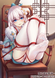 Rule 34 | 1girl, arms behind back, artist name, bdsm, blue eyes, blush, bondage, bound, chair, chinese commentary, commentary request, crotch rope, feet, green kimono, hair between eyes, hair ornament, heart, heart-shaped pupils, highres, honkai (series), honkai impact 3rd, indoors, japanese clothes, kimono, legs up, light beam, looking at viewer, no shoes, open mouth, panties, pixiv id, red rope, restrained, rope, sidelocks, sitting, soles, solo, symbol-shaped pupils, theresa apocalypse, zhuge kongming (honkai impact), thighhighs, toes, underwear, white hair, white panties, white thighhighs, yiduan zhu, zhuge kongming (honkai impact)