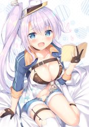 Rule 34 | 1girl, :d, ahoge, azur lane, bed sheet, black gloves, blue eyes, blush, book, breasts, cleavage, collarbone, commentary request, gloves, heart, heart-shaped pupils, highres, holding, large breasts, light purple hair, long hair, looking at viewer, navel, open mouth, portland (azur lane), remodel (azur lane), short shorts, shorts, side ponytail, sitting, smile, solo, symbol-shaped pupils, thighhighs, tomoo (tomo), wariza, white thighhighs, zettai ryouiki