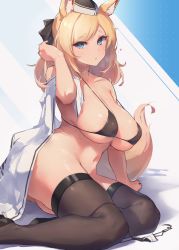 Rule 34 | 1girl, absurdres, animal ears, arknights, bikini, black bikini, black bow, black footwear, black hat, black thighhighs, blonde hair, blue eyes, bow, breasts, collarbone, hair bow, hat, heart, highres, horse ears, horse girl, horse tail, large breasts, long hair, looking at viewer, nitro (mugityaoisii), sitting, solo, swimsuit, tail, thick eyebrows, thighhighs, unworn bikini bottom, whislash (arknights), white background
