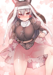 Rule 34 | 1girl, animal ears, belt, blush, breasts, cat ears, censored, chung cthemax, clothes lift, commentary request, cowboy shot, cross, dress, dress lift, girls&#039; frontline, grey hair, habit, hair between eyes, heart, heart-shaped pupils, highres, large breasts, lifted by self, long hair, long sleeves, looking at viewer, mosaic censoring, no panties, nun, p7 (girls&#039; frontline), purple eyes, pussy, pussy juice, smile, solo, spread legs, symbol-shaped pupils, thighs