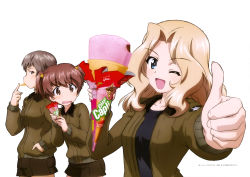 Rule 34 | 10s, 3girls, ;d, absurdres, alisa (girls und panzer), arm up, black shirt, blonde hair, blue eyes, brown eyes, brown hair, collarbone, eating, eyebrows, food, foreshortening, girls und panzer, green jacket, highres, holding, holding food, jacket, kay (girls und panzer), long sleeves, looking at viewer, multiple girls, naomi (girls und panzer), official art, one eye closed, open clothes, open jacket, open mouth, profile, shirt, short hair, simple background, smile, sweatdrop, thumbs up, twintails, upper body, wavy hair, white background