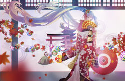Rule 34 | 1girl, absurdres, aikakuv, architecture, ball, blue eyes, blue hair, commentary, east asian architecture, floating hair, floral print, flower, hair flower, hair ornament, half-closed eyes, hand fan, hatsune miku, head tilt, highres, holding, holding fan, huge filesize, japanese clothes, kimono, kyoto, leaf, falling leaves, lipstick, long hair, looking down, makeup, maple leaf, obi, oil-paper umbrella, pagoda, porch, red kimono, rock, sash, solo, star (symbol), star print, temple, torii, twintails, umbrella, very long hair, vocaloid, wide shot