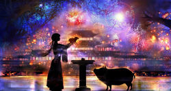 Rule 34 | 00, 1girl, architecture, backlighting, colorful, dark, east asian architecture, fireworks, hakama, hakama skirt, highres, japanese clothes, lens flare, low ponytail, miko, new year, night, original, pedestal, pig, profile, scenery, silhouette, skirt, sky, tree, water
