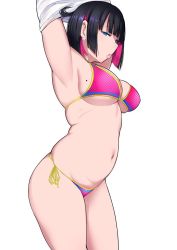 Rule 34 | 1girl, armpits, arms up, bikini, black hair, blue eyes, bob cut, breasts, large breasts, looking at viewer, miyamoto issa, mole, mole on breast, multicolored hair, navel, pink bikini, pink hair, plump, shirt, short hair, simple background, solo, standing, swimsuit, thick lips, undressing, white background