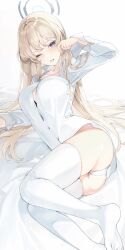 Rule 34 | 1girl, ;o, absurdres, ass, bed sheet, blonde hair, blue archive, blush, breasts, button gap, halo, highres, large breasts, light brown hair, long hair, looking at viewer, lying, meunhongcha, no pants, on side, one eye closed, panties, shirt, solo, thighhighs, toki (blue archive), underwear, very long hair, white panties, white shirt, white thighhighs