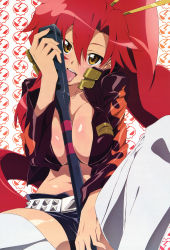 Rule 34 | 00s, 1girl, absurdres, anti-materiel rifle, belt, between breasts, blush, breasts, cleavage, gun, highres, large breasts, licking, licking weapon, long hair, no bra, nyantype, official art, open clothes, open shirt, ponytail, red hair, rifle, sexually suggestive, shirt, short shorts, shorts, sniper rifle, solo, spread legs, studded belt, teeth, tengen toppa gurren lagann, tengen toppa gurren lagann: lagann-hen, thighhighs, tongue, tongue out, weapon, white thighhighs, yamaguchi satoshi, yellow eyes, yoko littner