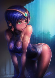Rule 34 | 1girl, adapted costume, artist name, ass, backlighting, bare arms, bare legs, bare shoulders, bent over, blue hair, blue leotard, blush, breasts squeezed together, breasts, dark-skinned female, dark skin, green gemstone, gem, green eyes, headpiece, highres, karma (league of legends), league of legends, leotard, medium breasts, parted lips, phantom ix row, rain, red lips, see-through, short hair, signature, sleeveless, solo, thigh gap, water, water drop, wet, wet clothes