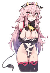 Rule 34 | 1girl, ahoge, animal ears, animal print, arms under breasts, bare shoulders, bell, black bow, black gloves, black hairband, black souls, black thighhighs, bow, breast hold, breasts, bright pupils, cleavage, closed mouth, covered navel, cow ears, cow horns, cow print, cow tail, cowbell, cowboy shot, cropped legs, crossed arms, elbow gloves, gloves, groin, hair between eyes, hairband, highleg, highleg leotard, highres, horns, huge ahoge, large breasts, legs together, leotard, long hair, nyong nyong, pink hair, prickett (black souls), red eyes, sidelocks, simple background, skindentation, smile, solo, star-shaped pupils, star (symbol), sweat, symbol-shaped pupils, tail, thighhighs, thighs, very long hair, white background, white pupils, yellow horns