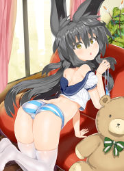 Rule 34 | 1girl, all fours, animal ears, ass, bare shoulders, black hair, blue sailor collar, blush, bow, bra, char, commentary request, curtains, fingernails, green bow, hair between eyes, highres, holding, holding bra, holding clothes, holding underwear, indoors, long hair, looking at viewer, looking back, necro-san, no shoes, off shoulder, original, panties, parted lips, puffy short sleeves, puffy sleeves, sailor collar, school uniform, serafuku, shirt, short sleeves, shoulder blades, solo, striped bow, striped bra, striped clothes, striped panties, stuffed animal, stuffed toy, teddy bear, thighhighs, underwear, unworn bra, very long hair, white shirt, white thighhighs, window, wooden floor, yellow eyes