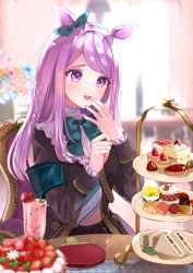 Rule 34 | 1girl, :d, animal ears, aqua bow, aqua ribbon, armband, black jacket, blurry, blurry background, blurry foreground, blush, bow, cake, commentary request, depth of field, ear ribbon, food, fruit, hands up, heart, heart-shaped pupils, highres, horse ears, horse girl, jacket, long hair, mejiro mcqueen (umamusume), on chair, open mouth, puracotte, purple eyes, purple hair, ribbon, smile, solo, strawberry, strawberry shortcake, striped, sweets, swept bangs, symbol-shaped pupils, table, tiered tray, umamusume