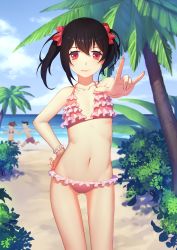 Rule 34 | 10s, 1boy, 2girls, bare arms, beach, bikini, black hair, blurry, blurry background, breasts, cloud, collarbone, day, frilled bikini, frills, groin, hand on own hip, highres, looking at viewer, love live!, love live! school idol project, m/, multiple girls, navel, outdoors, palm tree, red eyes, rekaerb maerd, sand, sky, small breasts, smile, solo focus, swimsuit, tree, twintails, wristband, yazawa nico