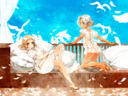 Rule 34 | 2girls, absurdres, ass, back bow, bare legs, barefoot, bird, blonde hair, blue eyes, blue sky, blush, bow, commentary, crossed legs, dark-skinned female, dark skin, dove, dress, english commentary, feathers, full body, grey eyes, hair bun, highres, kneeling, looking at viewer, looking back, medium hair, multiple girls, neck ribbon, ooyari ashito, original, parted lips, petite, pillow, pointy ears, puffy short sleeves, puffy sleeves, redrawn, ribbon, see-through, short sleeves, silver hair, single hair bun, sitting, sky, veranda, white dress