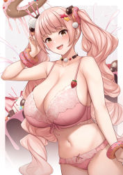 Rule 34 | 1girl, absurdres, amano roze, arm up, bare arms, bare shoulders, blush, bow, bow panties, bra, breasts, cake, chocolate, choker, cleavage, collarbone, commentary request, cowboy shot, curvy, dessert, doughnut, food, food-themed hair ornament, fruit, hair ornament, highres, huge breasts, jewelry, kannko bokujou, lace, lace-trimmed bra, lace-trimmed panties, lace trim, lingerie, long hair, looking at viewer, navel, open mouth, original, panties, pink hair, pink panties, pocky, resolution mismatch, revision, skindentation, smile, solo, source smaller, star (symbol), star hair ornament, strawberry, twintails, underwear, underwear only, very long hair