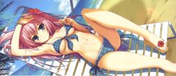 Rule 34 | 1girl, absurdres, arm up, armpits, beach, bikini, breasts, cleavage, day, deck chair, dutch angle, flower, from above, front-tie top, gradient hair, hair flower, hair ornament, hibiscus, highres, long hair, medium breasts, multicolored hair, navel, original, outdoors, pink hair, purple hair, sandals, side-tie bikini bottom, slippers, solo, swimsuit, tomose shunsaku, underboob, undressing, water