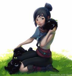 Rule 34 | 1girl, 3others, belt, black hair, black shorts, blue capelet, blue eyes, boots, capelet, commentary, creature, english commentary, full body, fur-trimmed boots, fur trim, gem, grass, hair bun, jewelry, kena: bridge of spirits, kena (kena), knee boots, lips, loose belt, marmalade mum, multiple others, outdoors, pendant, rot (kena), scarf, seiza, short hair, shorts, single hair bun, sitting, white background