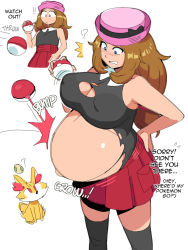 Rule 34 | !, !!, !?, 1girl, ^^^, bare arms, bare shoulders, big belly, black thighhighs, breast expansion, breasts, bursting belly, bursting breasts, cleavage, covered erect nipples, creatures (company), female focus, fennekin, game freak, gen 6 pokemon, hat, huge belly, image sample, impregnation, inflation, large breasts, looking at another, miniskirt, motion lines, navel, nintendo, noodlemage, outie navel, pink headwear, pleated skirt, pokeball symbol, pokemon, pokemon (creature), pokemon xy, porkpie hat, pregnant, serena (pokemon), shirt, skirt, sleeveless, sleeveless shirt, thighhighs, torn clothes, unbirthing, zettai ryouiki