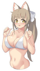Rule 34 | 1girl, :p, absurdres, animal ear fluff, animal ears, arukiru, bare arms, bare shoulders, bikini, blush, bow, breasts, brown hair, cleavage, closed mouth, collarbone, cropped torso, hair bow, hands up, highres, large breasts, light brown hair, long hair, looking at viewer, navel, original, ponytail, pulling own clothes, sidelocks, simple background, smile, solo, strap lift, strap pull, string bikini, swimsuit, tongue, tongue out, upper body, white background, white bikini, white bow, yellow eyes