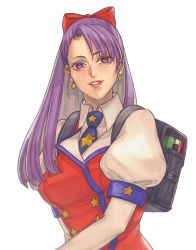 Rule 34 | 1girl, asamiya athena, backpack, bag, black bag, blue necktie, book, bow, breasts, collared shirt, commentary, dress, earrings, english commentary, hair bow, highres, jewelry, kof: maximum impact, ktovhinao, lips, long hair, looking at viewer, maximum impact ii, necktie, parted lips, puffy short sleeves, puffy sleeves, purple eyes, purple hair, red bow, red dress, school bag, school uniform, shirt, short sleeves, simple background, smile, solo, star (symbol), star print, the king of fighters, white background, white shirt