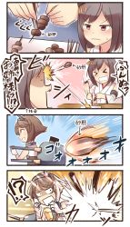 Rule 34 | !?, &gt; &lt;, 10s, 3girls, 4koma, :d, arrow (symbol), brown eyes, brown hair, chopsticks, closed eyes, comic, commentary request, constricted pupils, cup, detached sleeves, drinking glass, explosion, food, fusou (kancolle), glass, hair ornament, headgear, highres, holding, ido (teketeke), juice, kantai collection, long hair, machinery, motion blur, motion lines, multiple girls, mutsu (kancolle), nontraditional miko, open mouth, orange juice, short hair, smile, spoken interrobang, surprised, translation request, trembling, turret, yakitori, yamashiro (kancolle)