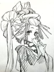Rule 34 | 1girl, bangs pinned back, box, closed mouth, fate/samurai remnant, fate (series), flower, greyscale, hair flower, hair ornament, hair stick, heart-shaped box, highres, holding, holding box, japanese clothes, long sleeves, looking at viewer, monochrome, simple background, sketch, smile, solo, takao dayu (fate), upper body, wataru rei, wide sleeves