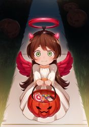 Rule 34 | 1girl, absurdres, angel, brown hair, candy, closed mouth, costume, demon, demon horns, dress, fake halo, food, grass, green eyes, halloween, halloween bucket, halo, highres, holding, horns, jack-o&#039;-lantern, lawn, lollipop, looking at viewer, manamachii, night, original, path, road, sidewalk, smile, solo, trick or treat, white dress, wide-eyed