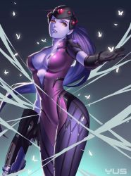 Rule 34 | 1girl, absurdres, armor, artist name, black gloves, bodysuit, breasts, bug, butterfly, center opening, cleavage, colored skin, gloves, gun, head-mounted display, highres, insect, long hair, open mouth, overwatch, overwatch 1, pauldrons, ponytail, purple hair, purple skin, rifle, shoulder armor, solo, weapon, widowmaker (overwatch), yellow eyes, yus