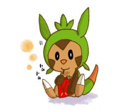 Rule 34 | 1other, amibguous gender, black sclera, chespin, colored sclera, commentary request, creatures (company), eating, food, game freak, gen 6 pokemon, lowres, nintendo, partial commentary, pocky, pocky day, pokemon, pokemon (creature), simple background, siraitokiko, sitting, solo, sound effects, translation request, white background, white eyes