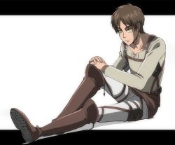 Rule 34 | 1boy, bad id, bad pixiv id, belt, boots, brown hair, eren yeager, giza parte, hands on knee, highres, letterboxed, male focus, shingeki no kyojin, short hair, sitting, smile, solo, strap, yellow eyes