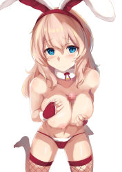 Rule 34 | 1girl, absurdres, alternate breast size, animal ears, azur lane, blue eyes, breasts squeezed together, breasts, censored, cleavage, detached collar, disembodied penis, fake animal ears, fingerless gloves, fishnet thighhighs, fishnets, full body, fur-trimmed collar, fur-trimmed gloves, fur-trimmed panties, fur trim, gloves, highres, large breasts, leander (azur lane), light brown hair, long hair, looking at viewer, mosaic censoring, nipples, nude, paizuri, panties, penis, rabbit ears, red panties, shimofuji jun, simple background, solo, thighhighs, topless, underwear, white background