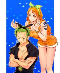 Rule 34 | 1boy, 1girl, adjusting another&#039;s hair, arm tattoo, blue background, bracelet, chabo (niwatori bosori), closed eyes, commentary request, crossed legs, earrings, green hair, haramaki, jewelry, long hair, looking down, nami (one piece), one piece, one piece: stampede, orange eyes, orange hair, overall shorts, overalls, roronoa zoro, scar, scar across eye, scar on chest, short hair, sidelocks, sleeping, tattoo, triangle, v-shaped eyebrows