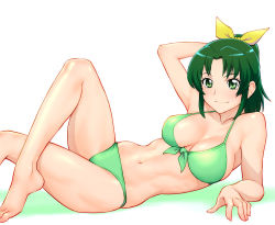 Rule 34 | 10s, 1girl, aged up, arm behind head, arm support, bikini, blush, bow, breasts, crossed legs, eyelashes, front-tie top, green bikini, green eyes, green hair, hair bow, large breasts, lying, matching hair/eyes, midorikawa nao, navel, on side, ponytail, precure, shiny skin, sitting, smile, smile precure!, solo, swimsuit, ueyama michirou