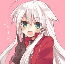 Rule 34 | 1girl, ahoge, anceril sacred, black gloves, blush, gloves, green eyes, long hair, looking at viewer, mishima kurone, open mouth, original, pink background, simple background, solo, v, white hair