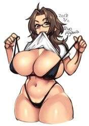 Rule 34 | 1girl, agawa ryou, artist name, bikini, bikini under clothes, black bikini, breasts, brown eyes, brown hair, cleavage, clothes in mouth, clothes lift, cropped legs, curvy, dated, female focus, glasses, highleg, highleg bikini, huge breasts, long hair, looking at viewer, mouth hold, navel, ooo ayumu, original, pussy, pussy peek, semi-rimless eyewear, shiny skin, shirt, shirt in mouth, shirt lift, smile, solo, swimsuit, swimsuit under clothes, t-shirt, thick thighs, thighs, under-rim eyewear, untied bikini