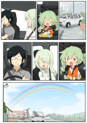 Rule 34 | anchovy (girls und panzer), anzai romi, car, comic, commentary request, embarrassed, girls und panzer, glasses, green hair, hair ribbon, highres, jinguu (4839ms), long hair, mother and daughter, motor vehicle, rainbow, red eyes, ribbon, silent comic, smile, stuffed animal, stuffed toy, tsuji renta, wheel