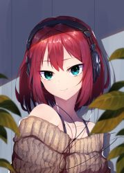 Rule 34 | 1girl, absurdres, bare shoulders, blue eyes, blurry, blurry foreground, brown sweater, closed mouth, collarbone, depth of field, hair between eyes, headphones, highres, kamonegi (meisou1998), looking at viewer, off-shoulder, off-shoulder sweater, off shoulder, original, red hair, ribbed sweater, smile, solo, sweater, upper body