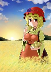 Rule 34 | 1girl, aki minoriko, apple, apron, blonde hair, bowl, breasts, dress, eyebrows, food, food on head, fruit, fruit on head, grapes, hat, kousei (public planet), looking at viewer, medium breasts, mob cap, mountain, object on head, red eyes, short hair, smile, solo, sunset, thick eyebrows, touhou, wheat field, wide sleeves