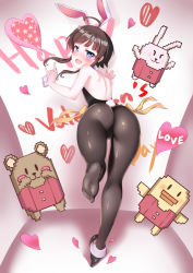 Rule 34 | 1girl, \m/, absurdres, against wall, ahoge, alternate costume, animal ears, arm support, ass, ass focus, text background, bare back, bear, bird, black hair, black leotard, blue eyes, blush, bow, bow legwear, rabbit, cameltoe, cellphone, commentary, counter:side, detached collar, duck, english commentary, english text, fake animal ears, fake tail, from behind, happy valentine, heart, heart-shaped pupils, highres, large bow, leg up, leotard, looking at viewer, looking back, naughty face, no shoes, official alternate costume, open mouth, outstretched arm, pantyhose, phone, playboy bunny, rabbit ears, rabbit tail, rtyfghvbn (rescience234), shadow, short hair, short hair with long locks, side-tie leotard, standing, standing on one leg, strapless, strapless leotard, symbol-shaped pupils, tail, wall, yang harim, yellow bow