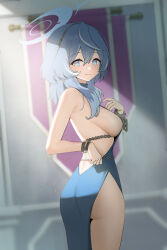 Rule 34 | 1girl, absurdres, ako (blue archive), ako (dress) (blue archive), ass, blue archive, blue dress, blue eyes, blue hair, blue halo, breasts, cowboy shot, dress, halo, hape, highres, large breasts, long hair, nail polish, official alternate costume, sleeveless, sleeveless dress, solo