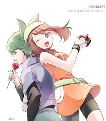 Rule 34 | 1boy, 1girl, ;d, bandana, bike shorts, brown hair, commentary request, creatures (company), dress, drew (pokemon), english text, fanny pack, flower, game freak, gloves, green bag, green bandana, green hair, grey eyes, hand up, highres, holding, holding flower, holding poke ball, may (pokemon), nintendo, one eye closed, open mouth, orange dress, pants, parted lips, poke ball, poke ball (basic), pokemon, pokemon (anime), pokemon dppt (anime), pokemon rse (anime), purple shirt, red flower, red rose, rose, ryuzaki0827, shirt, smile, tongue, undershirt, white background, white gloves